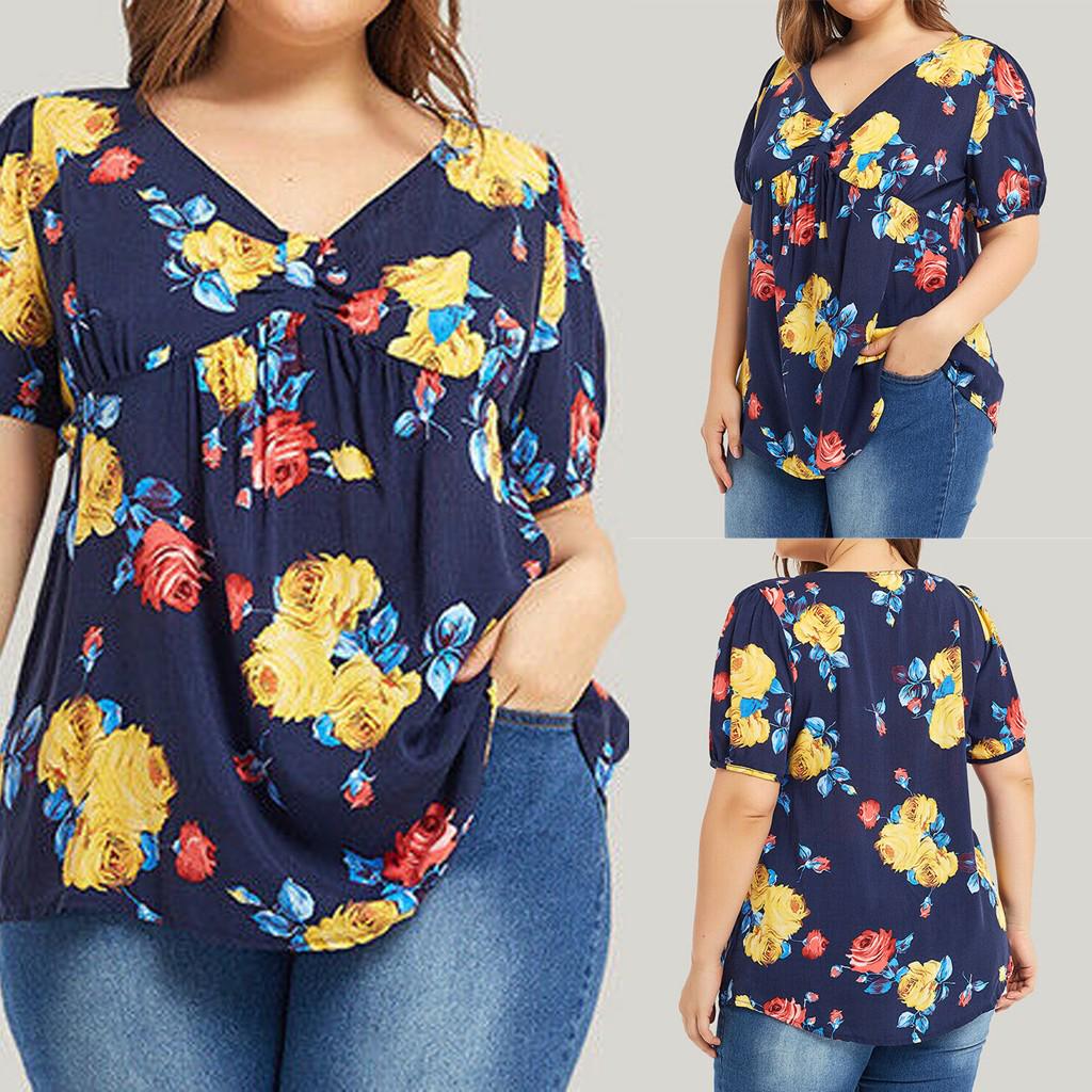 

Fashion Women Summer Casual Plus Size V-Neck Print Short Sleeve T-shirt Tops