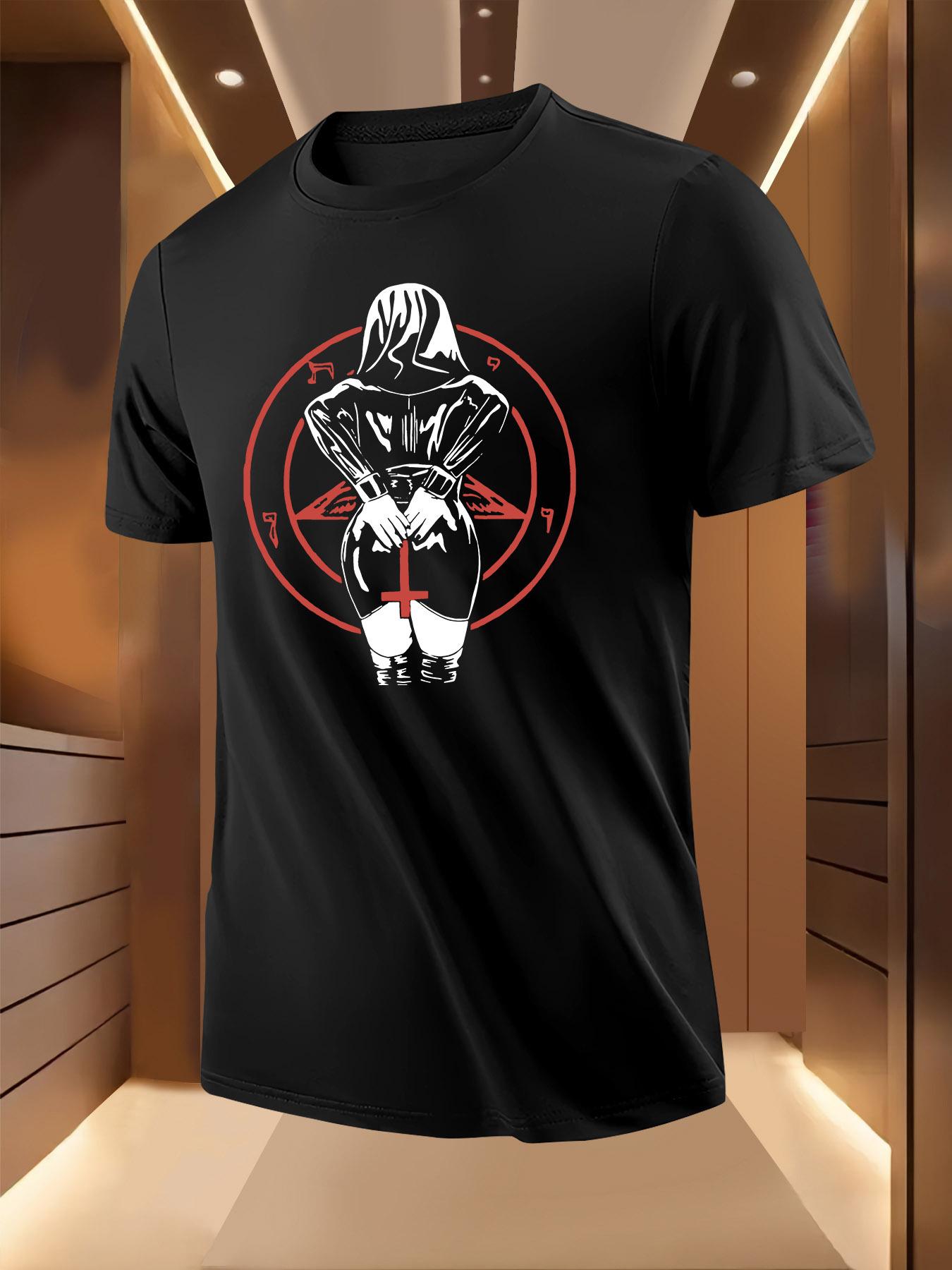 Graphic Tshirt - Black with White Hooded Figure Red Penta... S