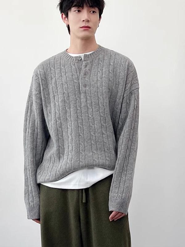 

Мужской свитер высокого качества в корейском стиле с воротником хенли — плотная вязка, скрученная вязка, свободный крой, для весны и осени L серый