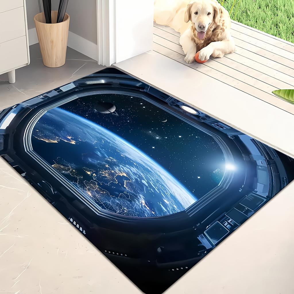 Space Capsule Galaxy View Door Mat, 3D Universe Visual Illusion Rug, Non-Slip Washable Decor Carpet for Game Room Patio