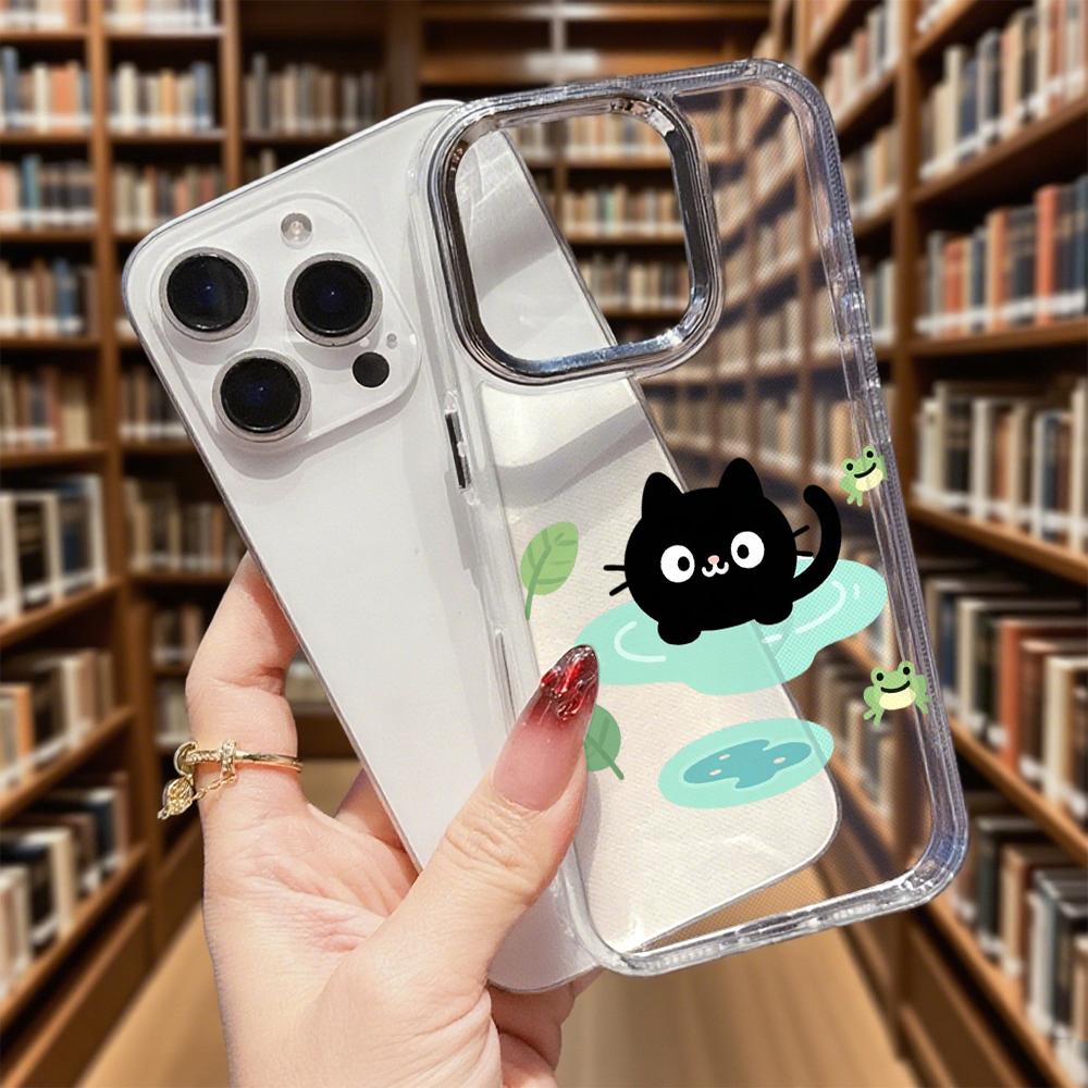 Black Cat In Puddle with Frogs Transparent Phone Case for IPhone 14 15 16 13 12 11 Pro Max 12 XS Max Anti-Scratch Soft Cover