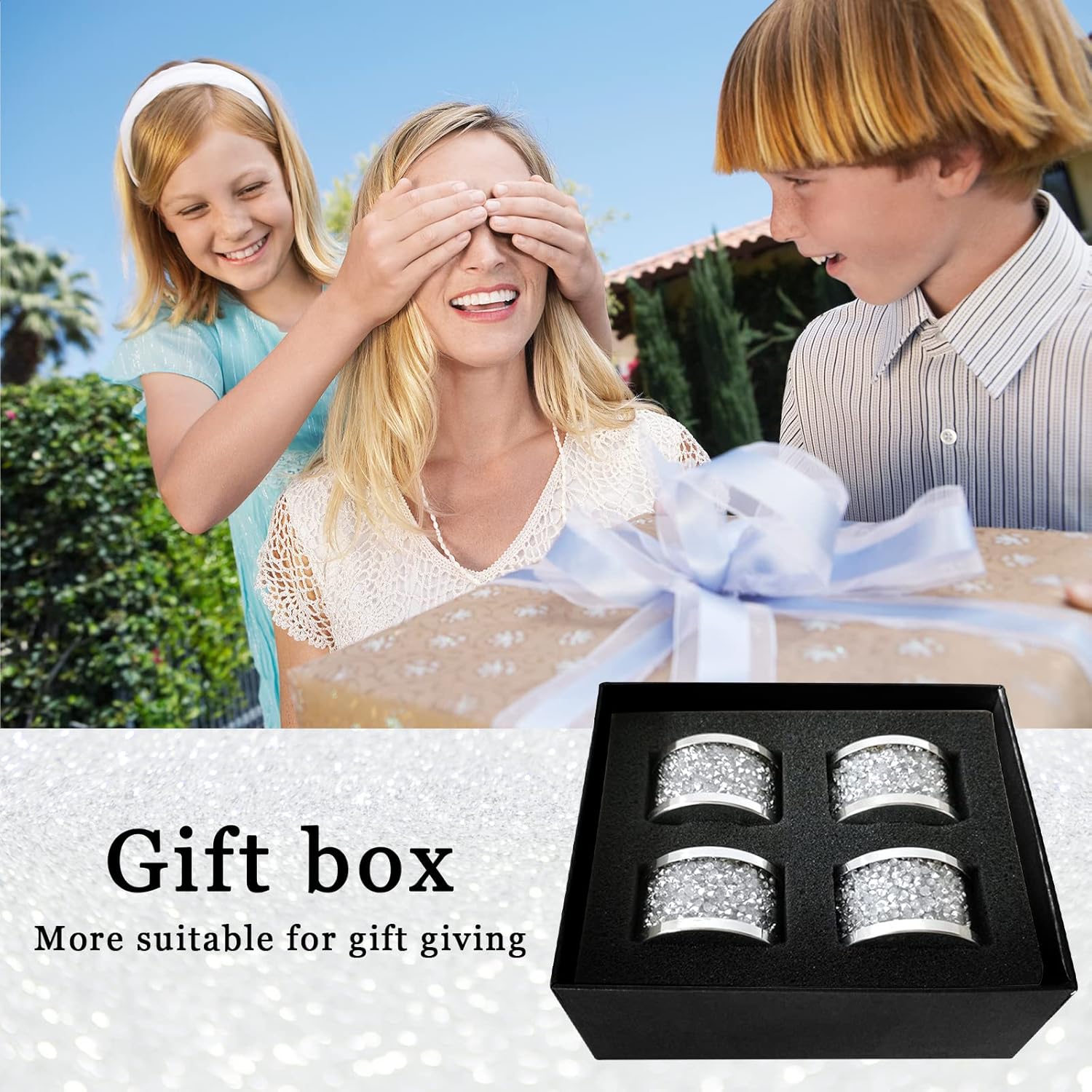 

Набор из 4 серебристых колец-держателей для салфеток из бриллиантового стекла, кристальные серебристые кольца для салфеток в рамке из нержавеющей стали, гламурные пряжки для салфеток, держатель для ткани, блеск