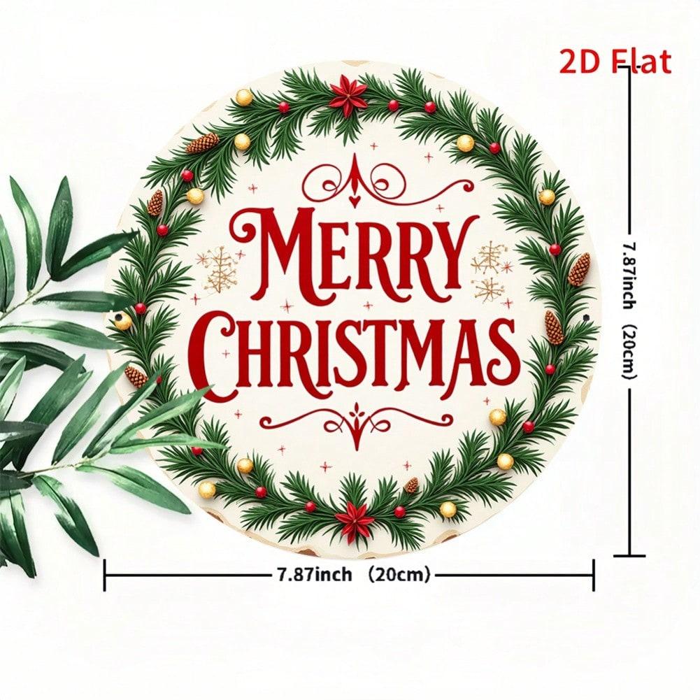 Vintage Christmas Wreath Metal Sign Green Red Pine Cones Gold Merry Christmas Decor Home Outdoor Wall Art Festive Holiday Aluminum Round Decor 20x20