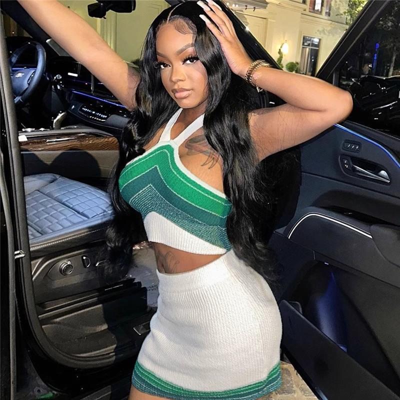 Summer Women Sexy Knitted Striped Sweater Halter Tops Vest and Mini Short Bodycon Sheath Skirt Two Piece Set