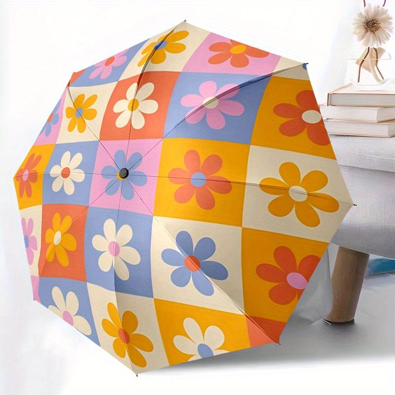 1pc Floral Pattern Automatic Folding Umbrella, 8-Rib Sturdy Canopy, Portable Travel Umbrella for Outdoor Use,103