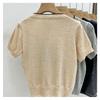 Women Cute Cat Print Short Sleeve Knit Top Round Neck Casual Sweater