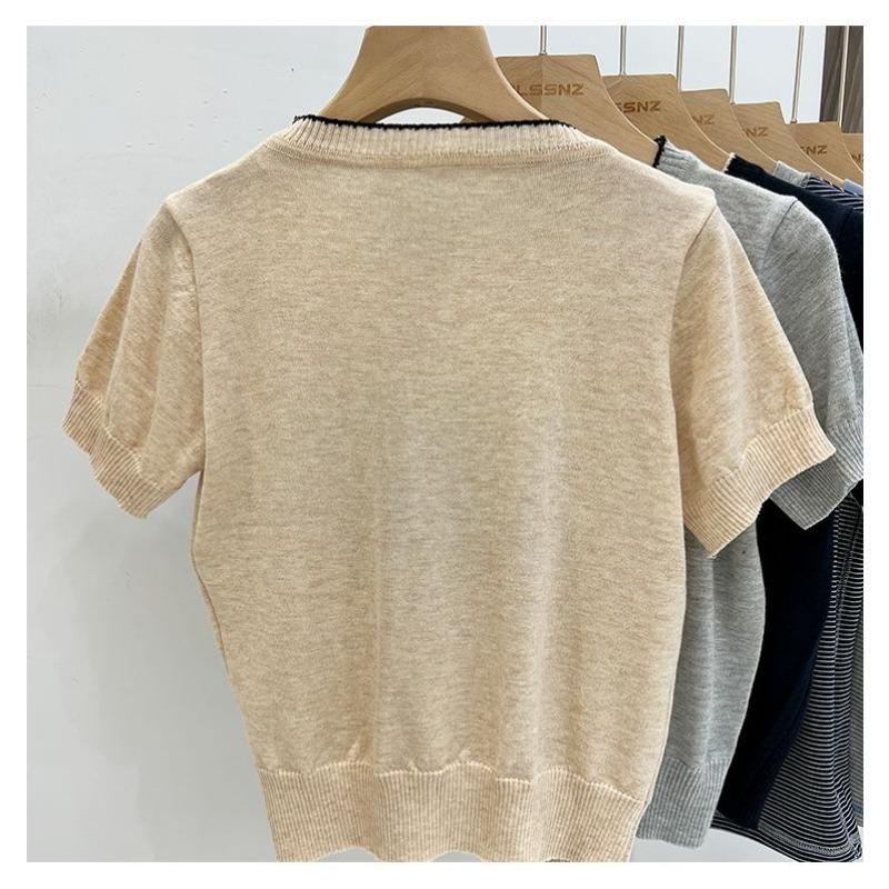 Women Cute Cat Print Short Sleeve Knit Top Round Neck Casual Sweater