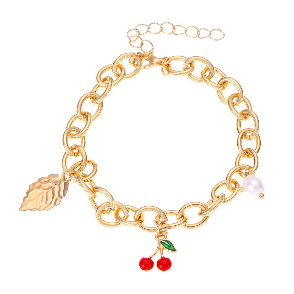Gold Leaf Red Cherry Pearl Pendant Bracelet Cute New Fashion Bracelet Women's Small Gift Sweet Accessories