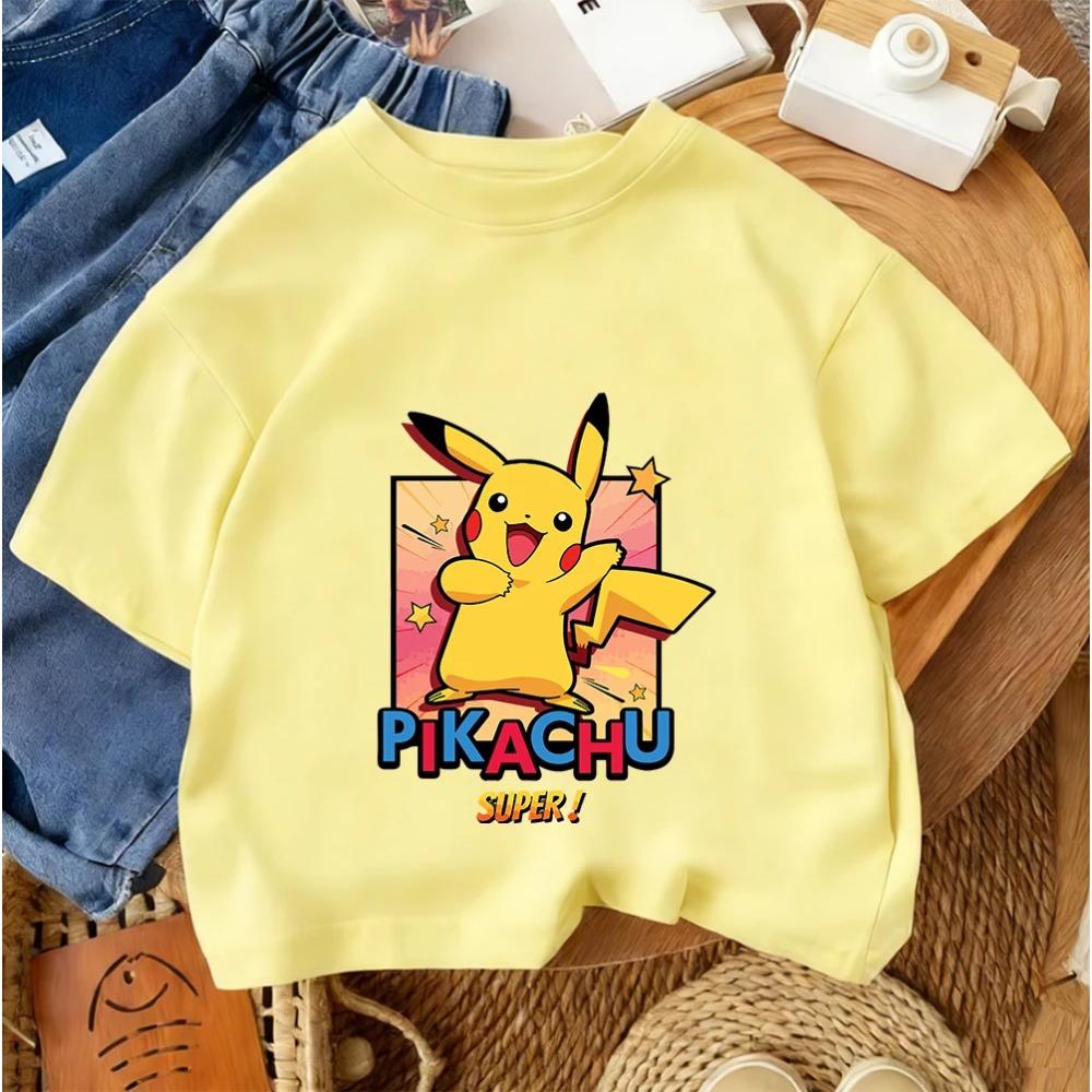 Children Fashion Street Tee Pikachu Cute Cartoon Print For Boys Girls Summer Casual Comfort Wear 3-14 Years