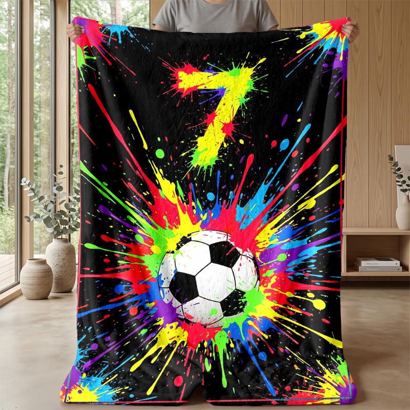 Colorful Soccer Ball Blanket Personalized Name Flannel Blanket Soft Cozy Plush Throw for Sofa Bed Lightweight Home Decor