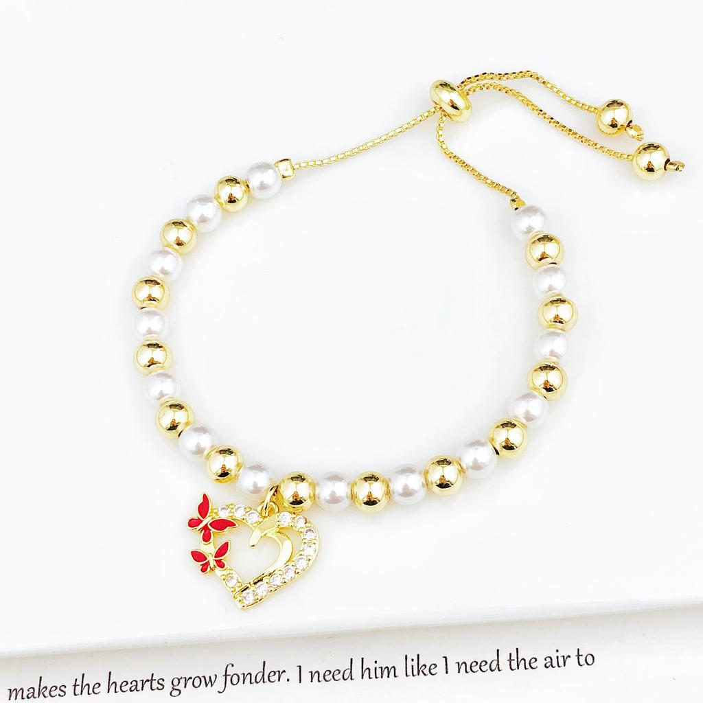 Classic Pearl Chain Heart-Shaped Bowknot Zirconia Pendant Bracelet High-Quality Women Girls Daily Party Jewelry Birthday Gift