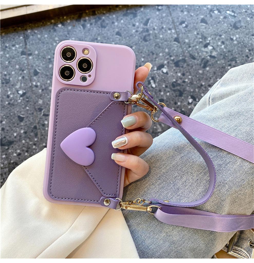 Crossbody Lanyard Necklace Strap Card Holder Purple Case for iPhone 11 15 16 14 Pro Max X XS XR Max Coin Purse Cover