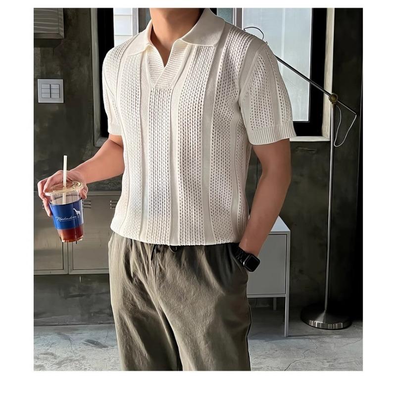 Men S Knitted Polo Shirt Short Sleeve Hollow Out Ice Silk Summer Old Money Style