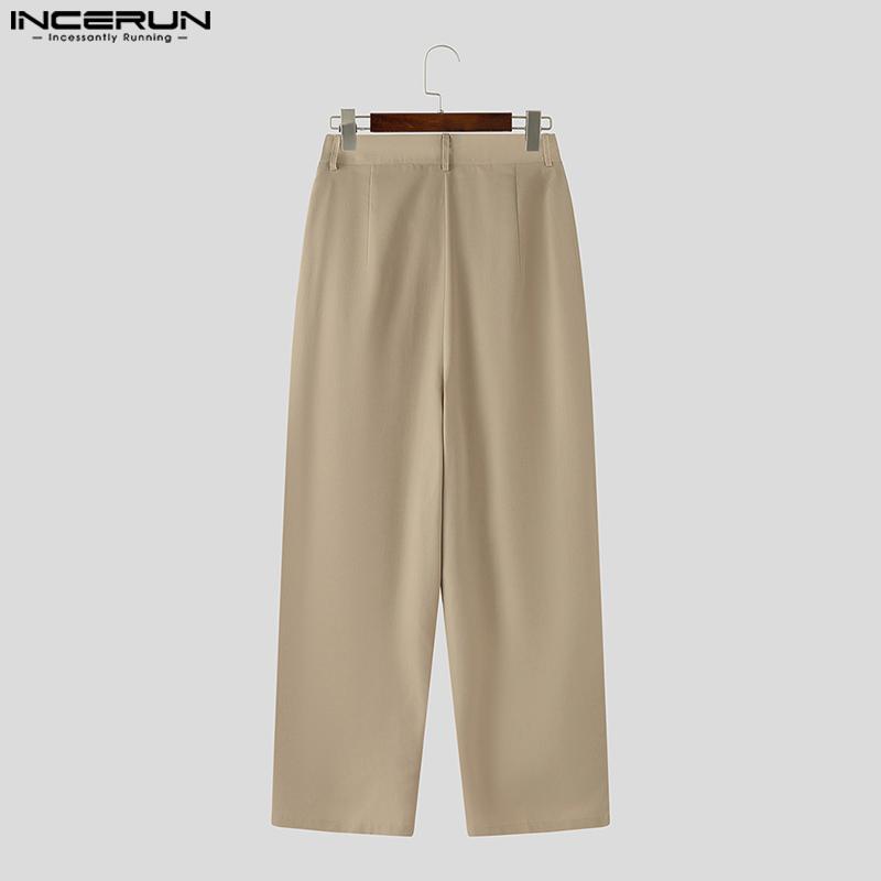 INCERUN Men Zipper Button Waist Solid Pleated Casual Long Pants Trousers
