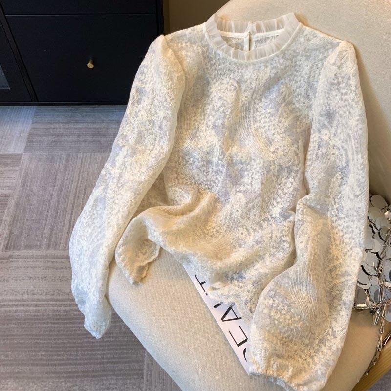 Set Top for Women Winter Flower Knit Sweater Vest Lace Slim Long Sleeve Bottom Shirt Two Piece Set