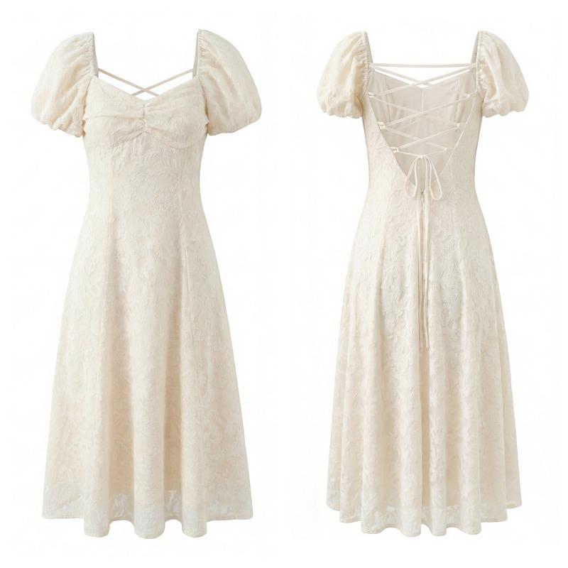 

French Temperament, Gentle Square Neck, Cut Flower Design, Strappy Puff Sleeves, Slimming Celebrity Dress Trend S