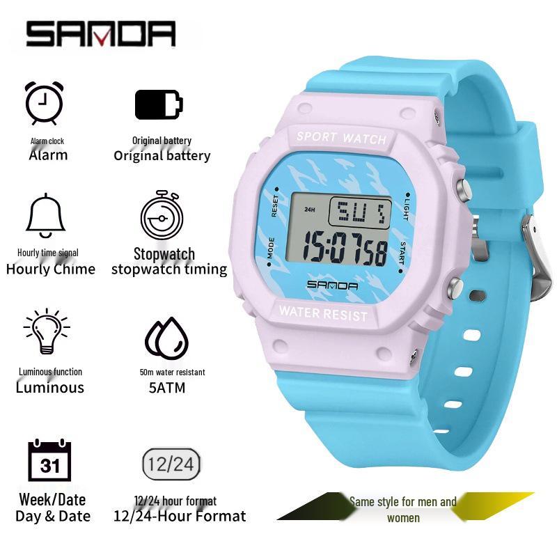 Sanda Student Multi-functional Waterproof Luminous Candy Color Square Watch