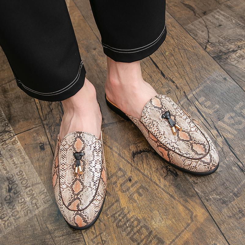 New Men's Snakeskin Pattern Half Slippers Driving Shoes Male Casual Mules Moccasins Breathable Loafers Zapatos Hombre