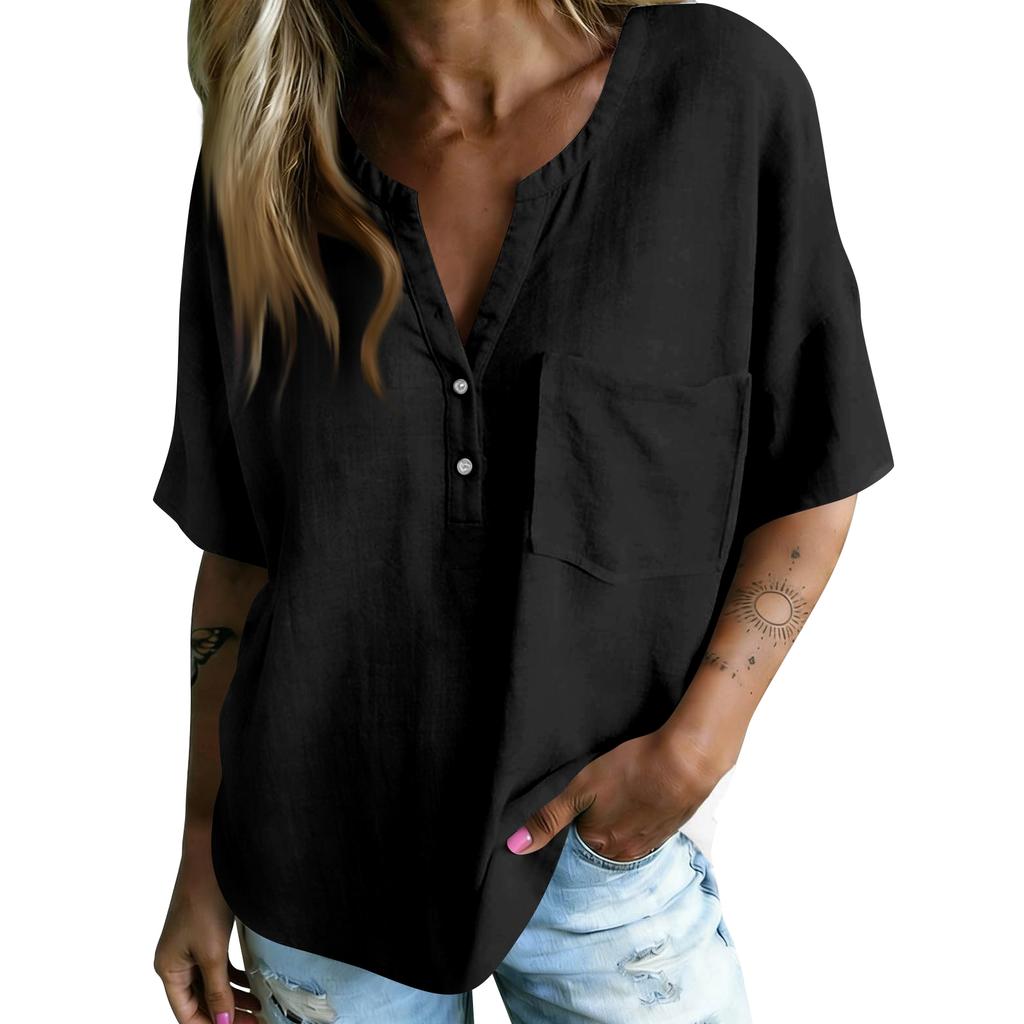 Women Casual V Neck Blouse Short Sleeve Bohemian Style Shirt Loose Fit Lightweight Summer Top with Button Detail and Pocket