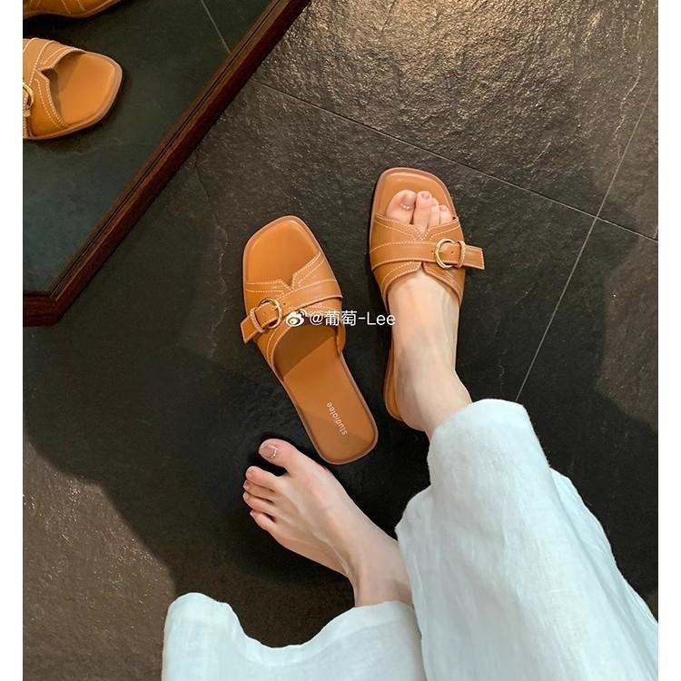 Grape mother same retro diagonal cut square head bright line belt buckle flat-bottomed slippers casual versatile low-heeled cool slippers women