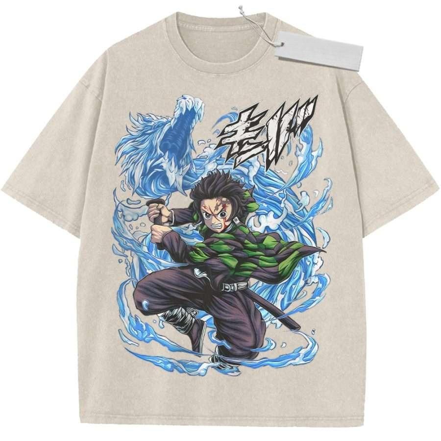 

Summer Mens Black Washed T Shirt Demon Slayer Tanjiro Blue Wolf Water Breathing High Quality Fabric for Casual M