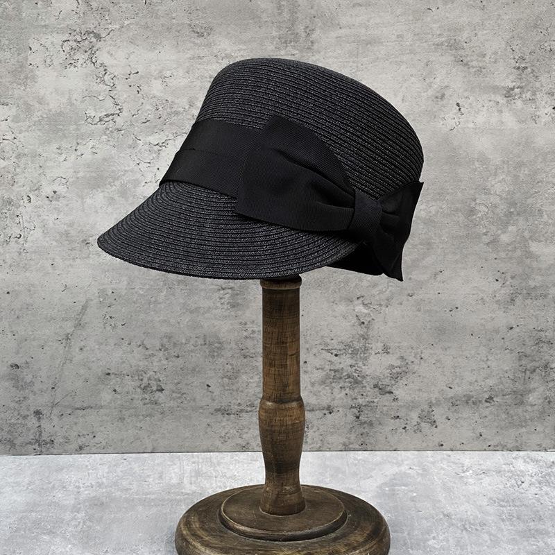 Japanischer großer Schleifenstrohhut flacher Oberteil Reithut Damen Sommer kurzer Schirmkappe Reise Sonnenschutz Strandstrohhut