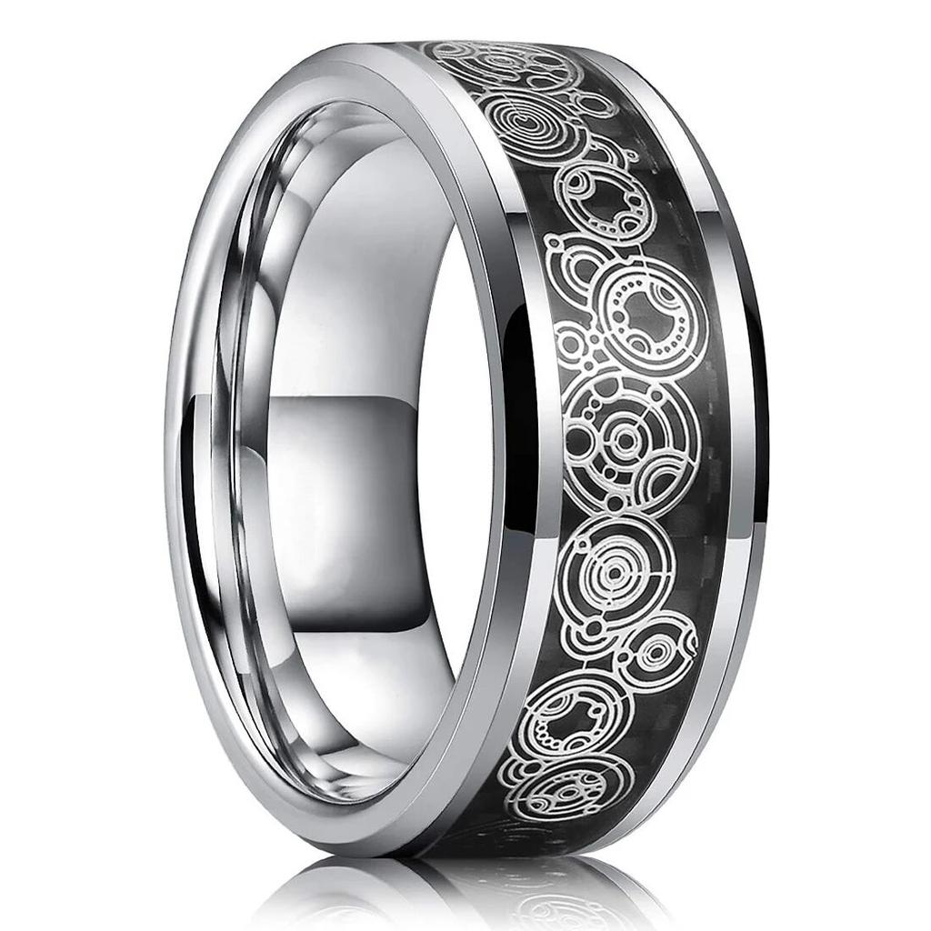 Fashion Men’s Silver Color Black Stainless Steel Ring Groove Multi-Faceted Ring For Men Women Engagement Ring Anniversary Gifts