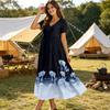 Women’s Short Sleeve V Neck Casual Loose Fit Maxi Dress with Geometric Print and Tiered Skirt for Daily Wear
