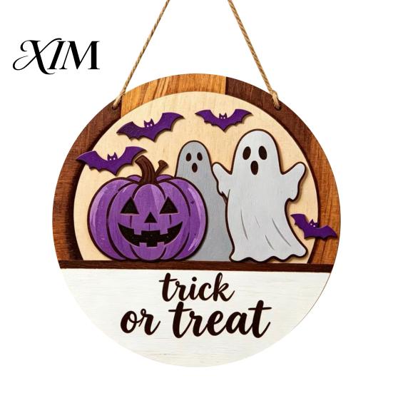Trick or Treat Hanger Halloween Layered Round Door Hanger, 3D Pumpkin Ghost Owl Wood Welcome Sign, Decorative Festive Ornament Farmhouse Front
