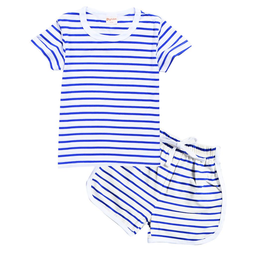 Children's Leisure Stripe Short Sleeve Round Neck T-Shirt and Shorts Set