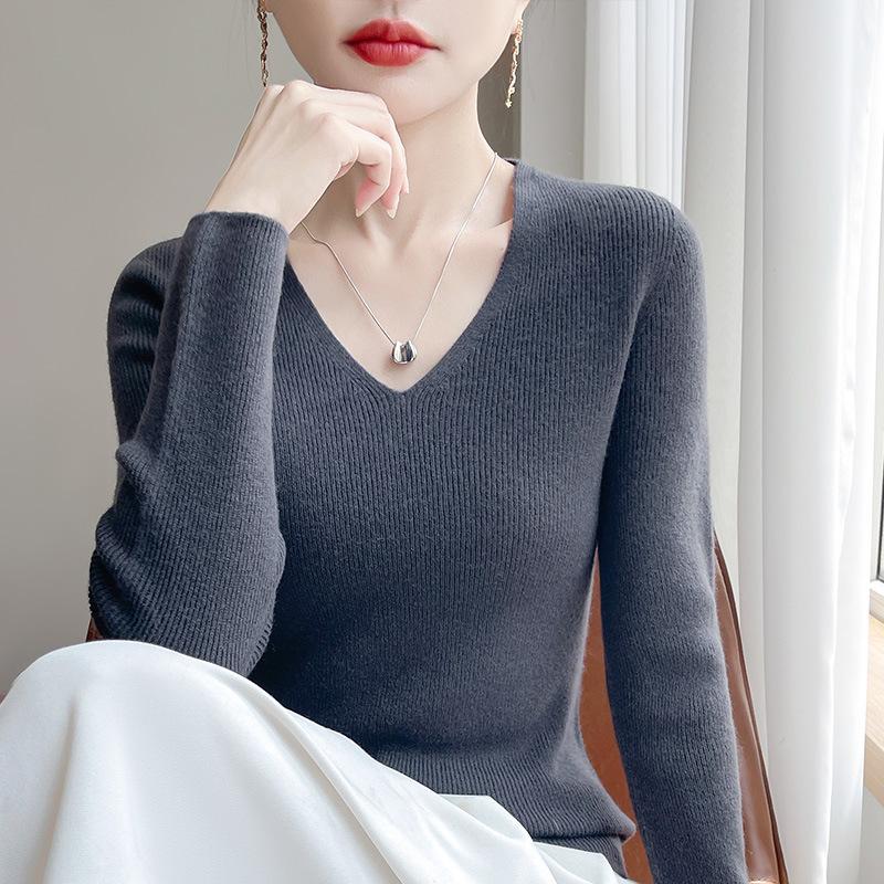 New Autumn and Winter Women's Pullover Sweater Long-sleeved Tight Slimming Knitted Sweater V-neck Slimming Base Layer