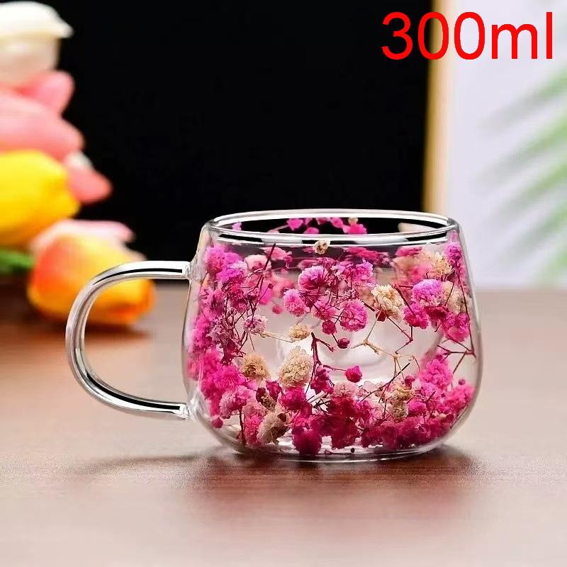 1Pcs Dried Flower Decorative Milk Tea Cup 150/300Ml Double-Layer Dried Flower Glass Cup High Temperature Resistant Coffee Cup