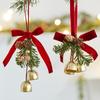 Christmas Gold Jingle Bell with Velvet Bow and Pine Cones Xmas Tree Hanging Pendant Christmas Home Door Decoration New Year Gift