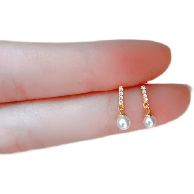 Women Gold Faux Pearl Micro Inlaid Row Diamond Stud Earrings