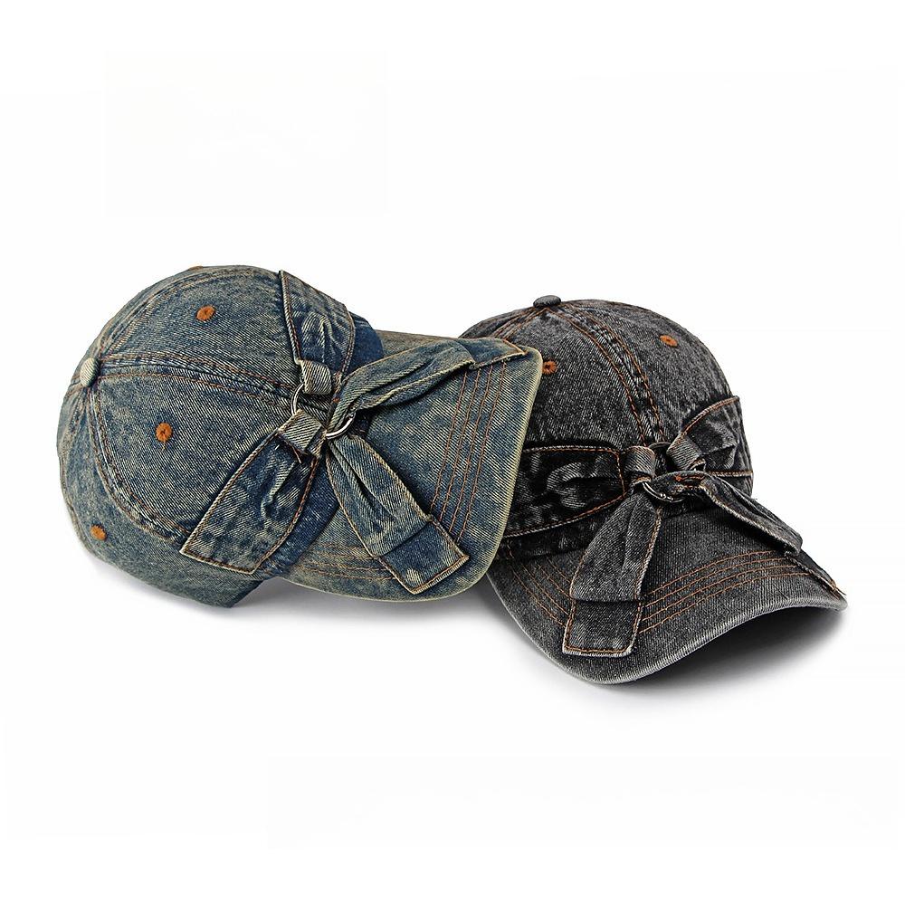 Korean Fashion Denim Bow Baseball Cap, Washed Vintage Women’s Sun Hat, Casual Soft Brim Duckbill Cap for Streetwear