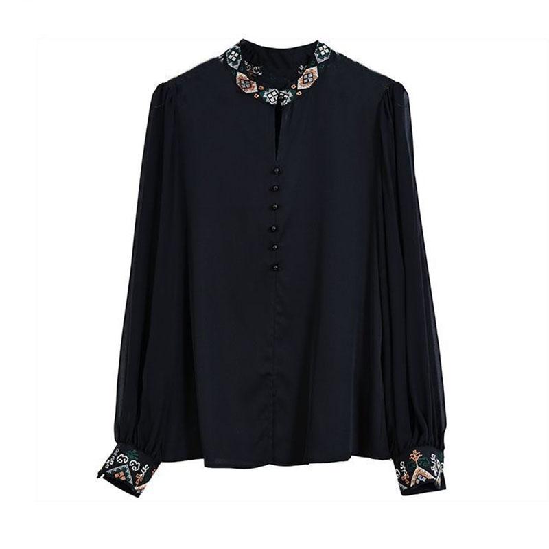 Spring Women Clothing Chiffon Shirt Stand Collar Embroidered Button Chinese Style Fashion Elegant Long Sleeve Loose Tops