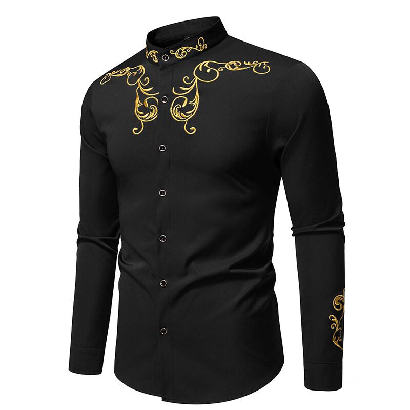 Camisa de Manga Larga Bordada para Hombre de Primavera Casual Sólida con Cuello Mao Camisas Masculinas Estilo Corte Europeo Fiesta Discoteca