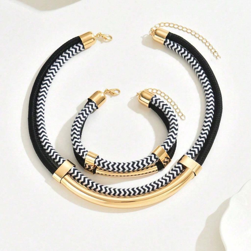 Klobige Halsketten für Damen, 14 Karat vergoldetes Ketten- und Armbandset Geschenk Schwarze und weiße Seile Statement-Halskette Schmuck Böhmischer Stil