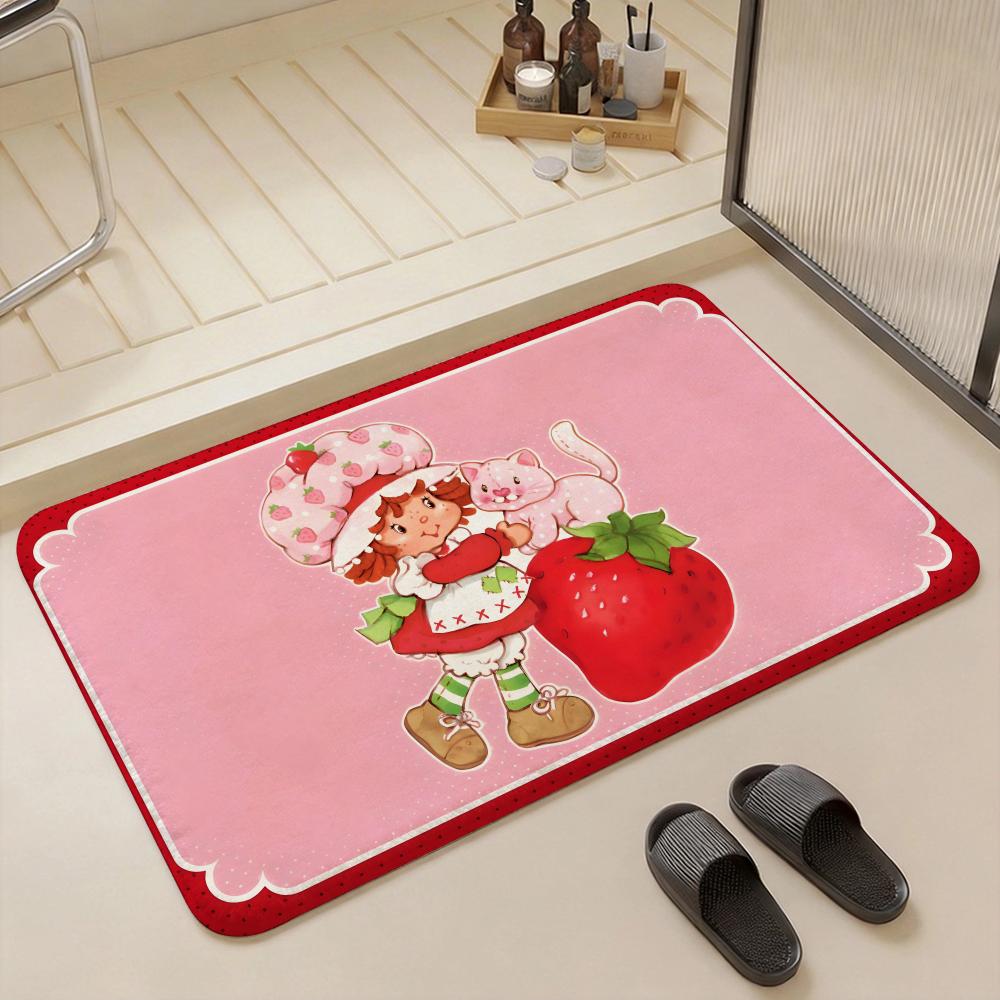 Cartoon S Strawberry Shortcake Floor Mat Eco  Flannel Doormat Non Slip Odorless Indoor Floor Rug Soft Short Plush Home Mat