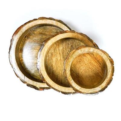 Serviertablett aus Mangoholz, tragbare Holzplatte im 3er-Set für Speisen, Kaffee oder Getränke, rund