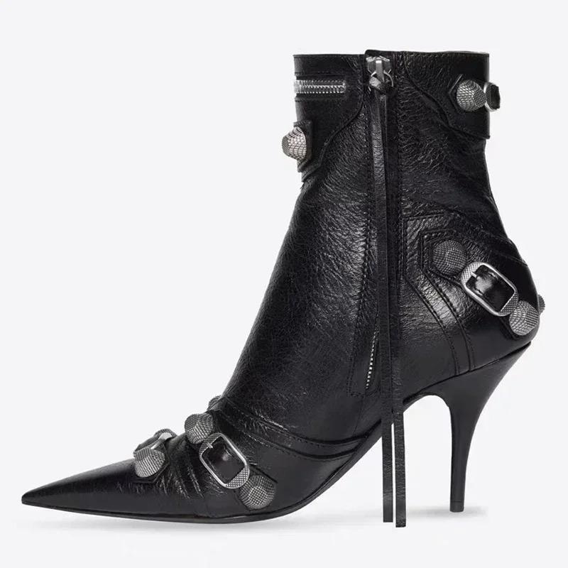 Soleist High Thin Heeled Ankle Boots for Women Metal Decor Rivet Fringed Zip Ppinted Toed Motorcycle Lady Booties Women Shoes