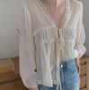 Korean Chic V-Neck Pleated Lace Splicing Long-Sleeve Shirt