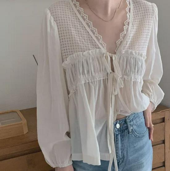 Korean Chic V-Neck Pleated Lace Splicing Long-Sleeve Shirt