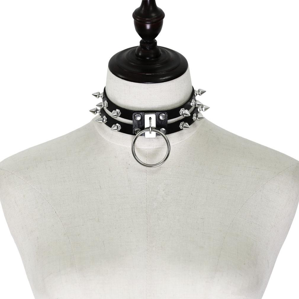 Double Line Rivet Spiked Choker, Cool Punk Hanging Ring Faux Leather Neckband