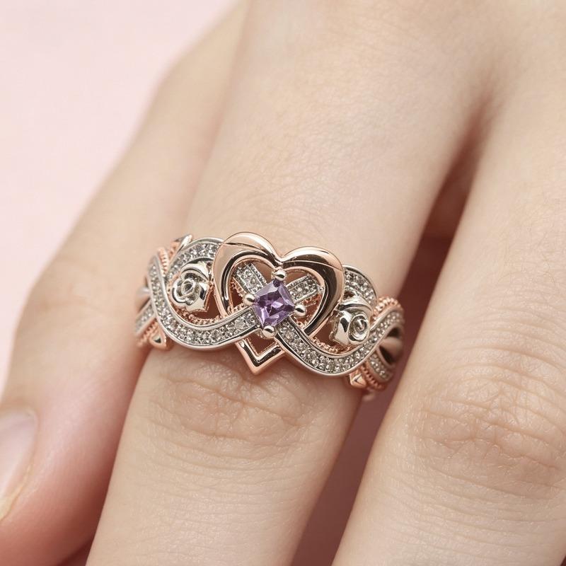 Rose Princess Square Diamond Ring, European and American Love-shaped Rose Gold Two-color Zircon Ring.