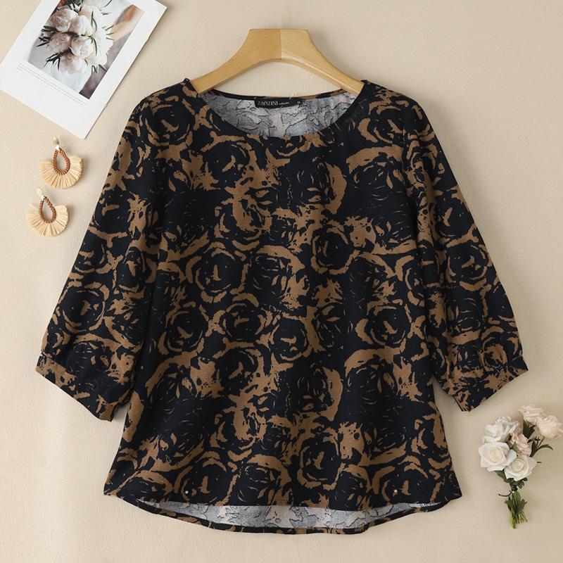 

ZANZEA Жіноча повсякденна бавовняна блуза з круглим вирізом, вільним рукавом 3/4 та принтом L Темно-синій