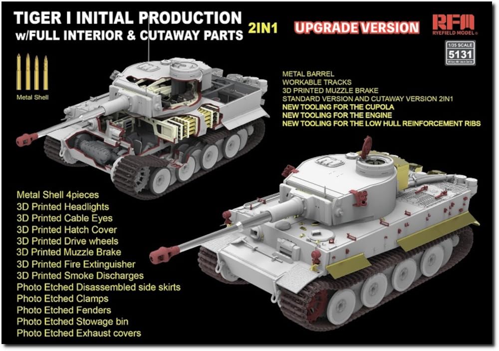 

Ryefield Models Scale Tiger I Heavy Very Early Early 1943 with Full Interior and Cutaway Model Upgraded Plastic Model Kit RFM5131 1/35 Tank,