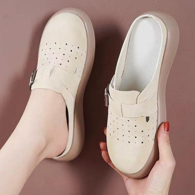 Fashion Spring New Baotou Slippers Women's Fashion Round Head Suede Metal Buckle Thick Soles Anti-slip Wear-resistant Flat Shoes