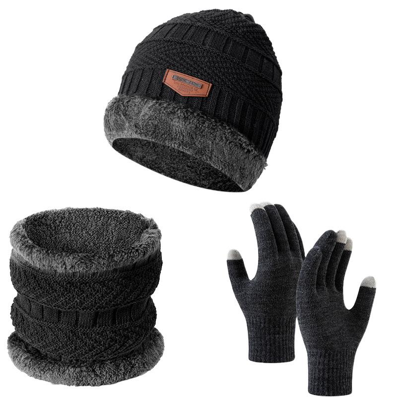 Winter Cycling Warm Set 3 Pieces Anti-Slip Touchscreen Fleece Lined Hat Scarf Gloves Unisex Black