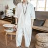 Men's Chinese Linen Pajama Set: Short Sleeve Hanfu Top with Frog Buttons and Cotton Linen Capri Pants In Trendy Loose Fit